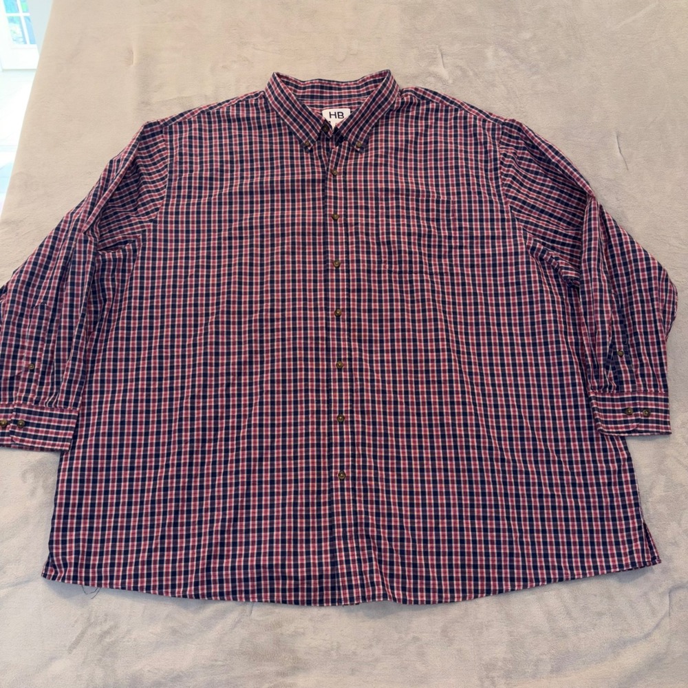 HB Mens 4XL Plaid Button Down Shirt Red Blue White Long Sleeve Pocket Casual